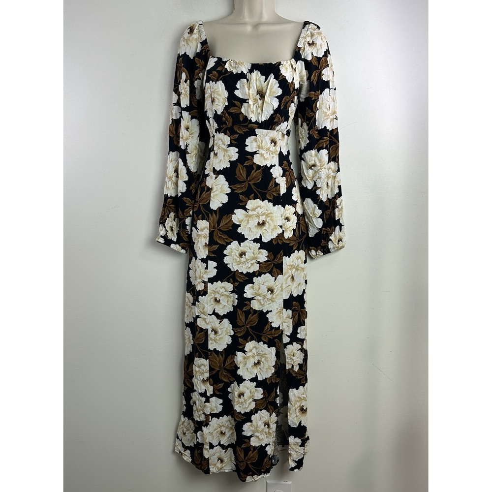 Old Navy Floral Square Neck Smocked Maxi Dress Black Brown Med Poet Romatic
